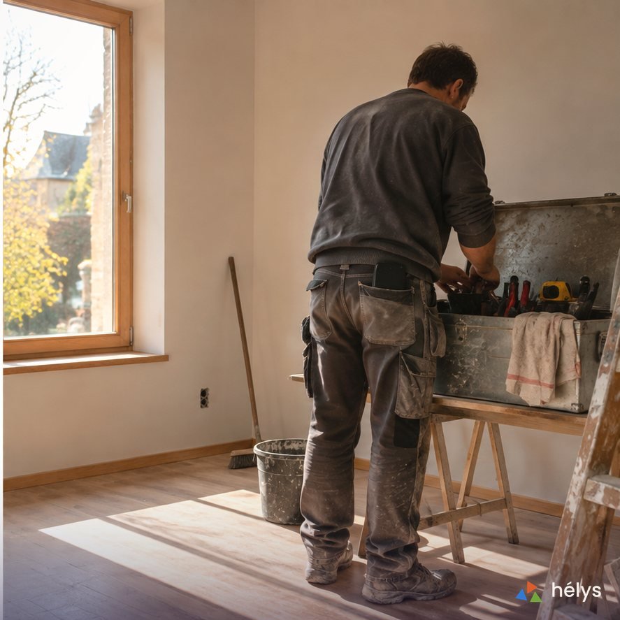Le même artisan sur son chantier en plein jour, devant sa caisse à outils.