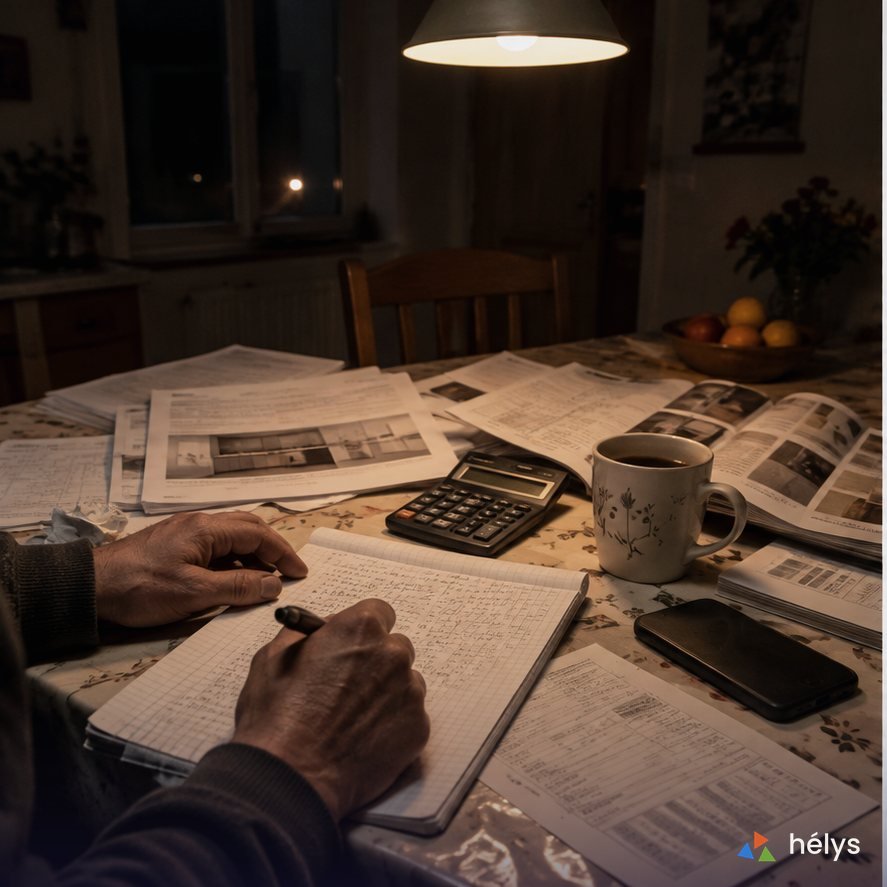 Un artisan remplit ses devis le soir sur la table de la cuisine, entre les catalogues fournisseurs et une calculatrice.