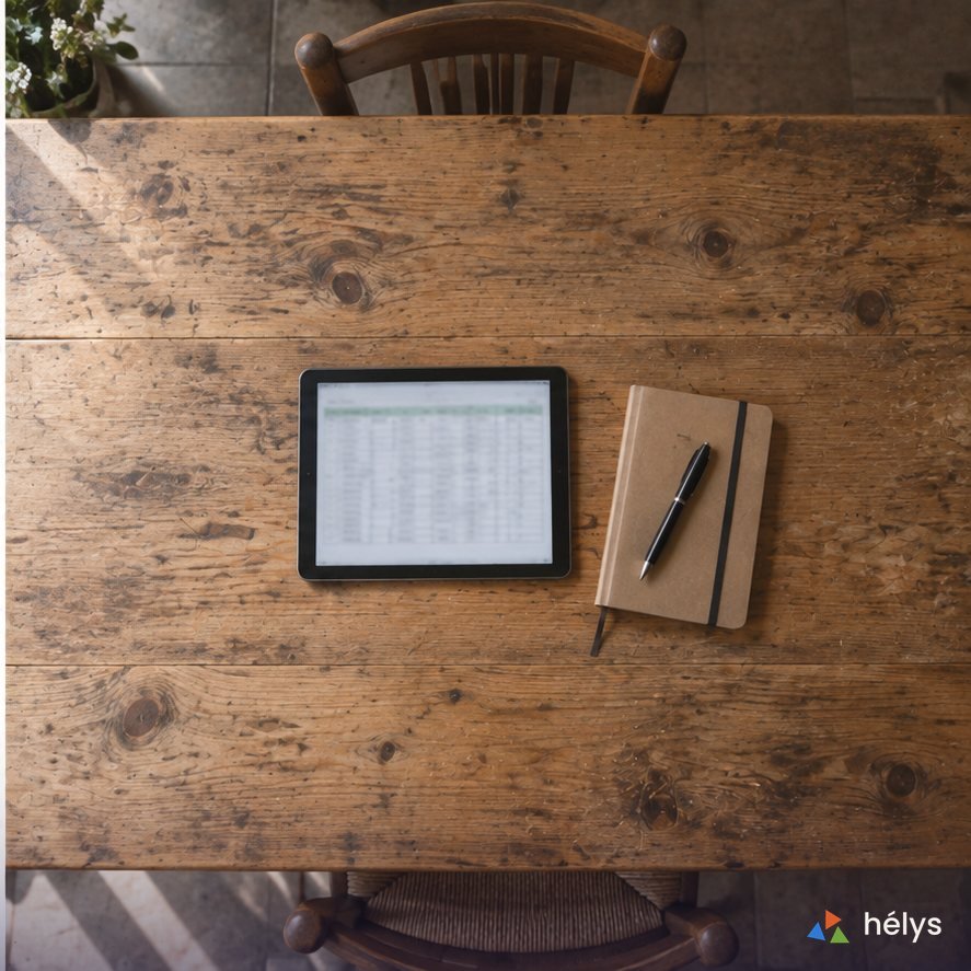 La même table, dégagée : une seule tablette affichant le tableau de bord, un carnet et un stylo.