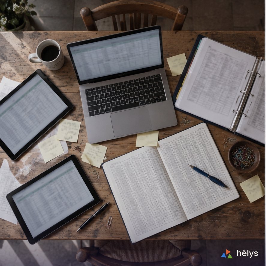 Une table de travail vue de dessus : un ordinateur portable, deux tablettes, un classeur, un registre papier et des pense-bêtes, tous couverts de tableaux.