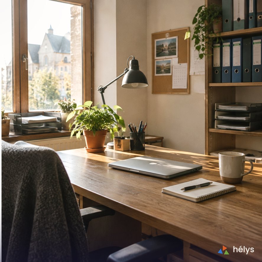 Le même bureau dégagé : un ordinateur portable fermé, une plante, un carnet, la lumière du matin sur le plateau.