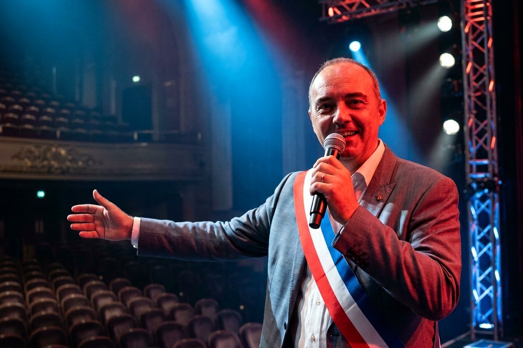 David Heiremans sur scène, écharpe tricolore et micro à la main, devant les gradins vides d'une salle de théâtre